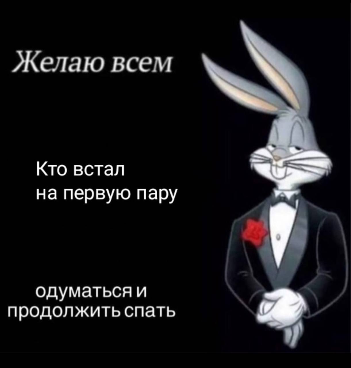 Желаю всем одуматься и продолжить спать Багз Банни желает всем, кто встал на первую пару, одуматься и продолжить спать