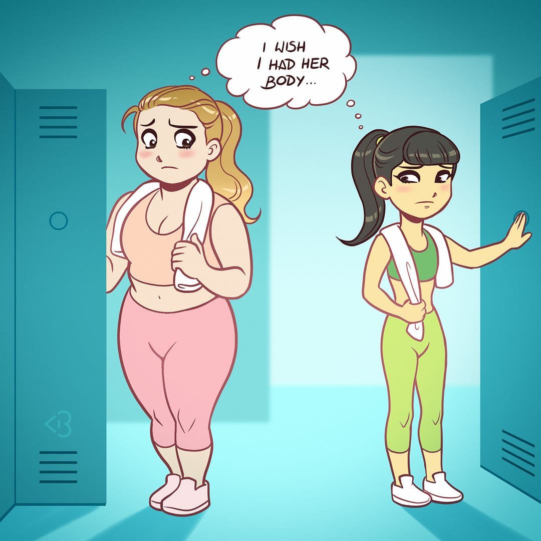Две девушки в раздевалке, и одна из них думает: «I wish I had her body…» — «Хотела бы я иметь её тело…»