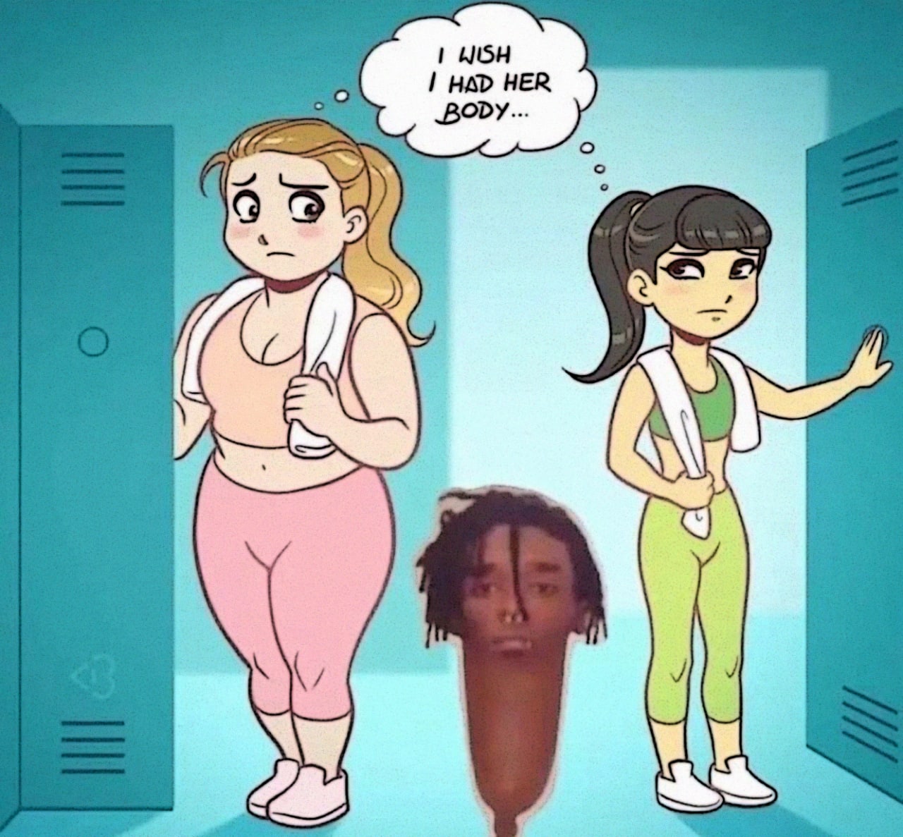 I wish I had her body Мем с двумя девушками в спортзале, между которыми стоит вытянутая голова афроамериканца. Одна из девушек, полная, думает, что хотела бы иметь тело другой, более стройной девушки.