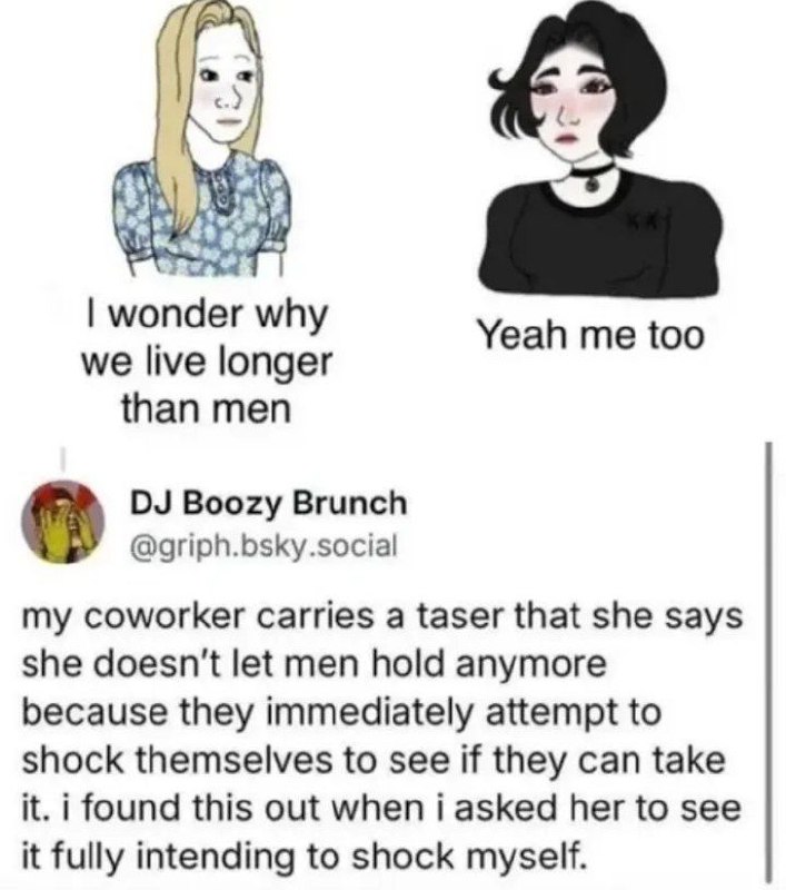 Я удивляюсь, почему мы живем дольше мужчин, ироничный мем о мужском поведении
