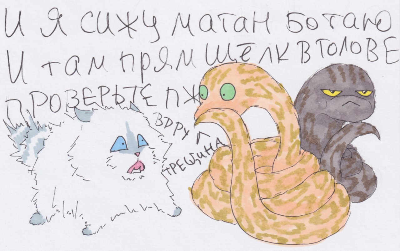 Рукописный абсурдный комикс: испуганный кот сидит рядом с двумя большими змеями, пока вокруг написаны странные фразы.