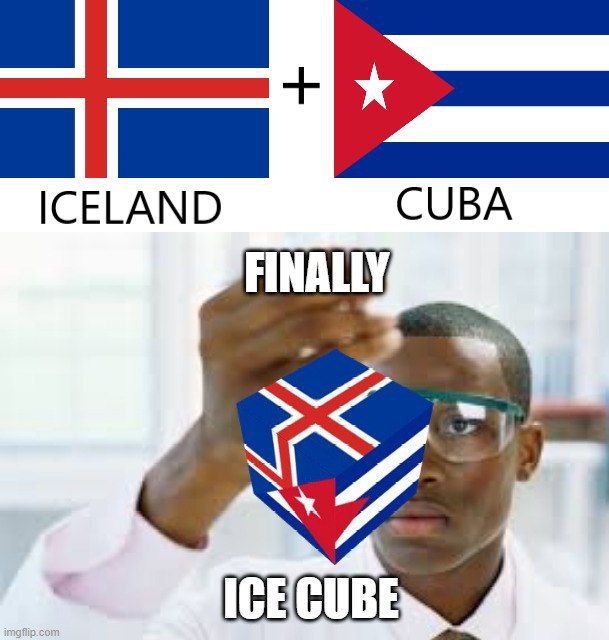 Ice Cube Мем с флагами Исландии и Кубы, которые при сложении образуют ледяной кубик. На меме изображен чернокожий ученый в защитных очках, держащий в руке получившийся "ледяной кубик" с флагом Кубы и Исландии.