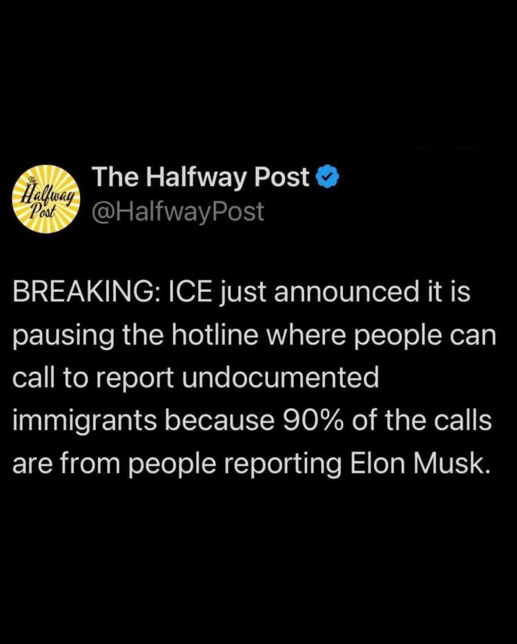 ICE приостанавливает горячую линию из-за Илона Маска Новость о том, что ICE приостановила горячую линию по сообщениям о нелегальных иммигрантах из-за 90% звонков об Илоне Маске.