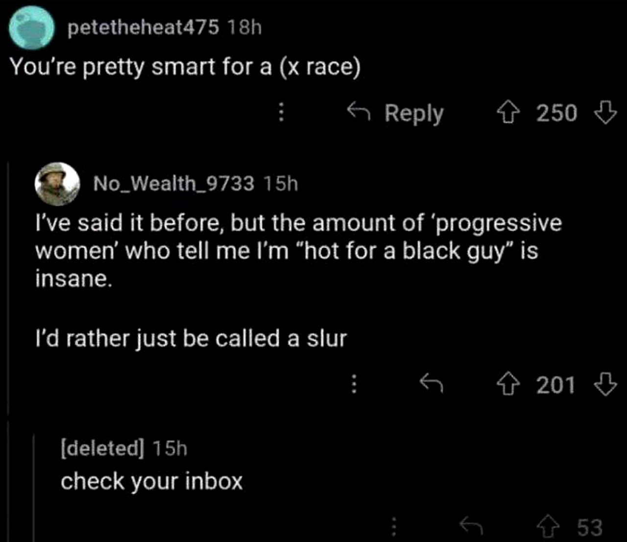 I'd rather just be called a slur Скриншот с Reddit, где пользователь No_Wealth_9733 пишет, что предпочёл бы, чтобы его просто назвали оскорблением, чем "горячим для чёрного парня"