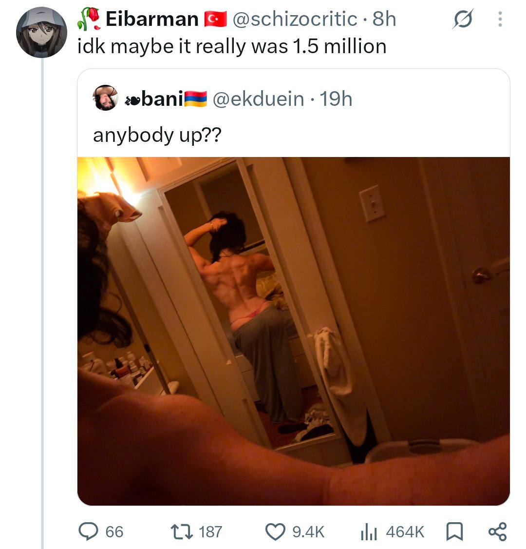 Скриншот поста с фразой «idk maybe it really was 1.5 million» и фотографией человека у зеркала.