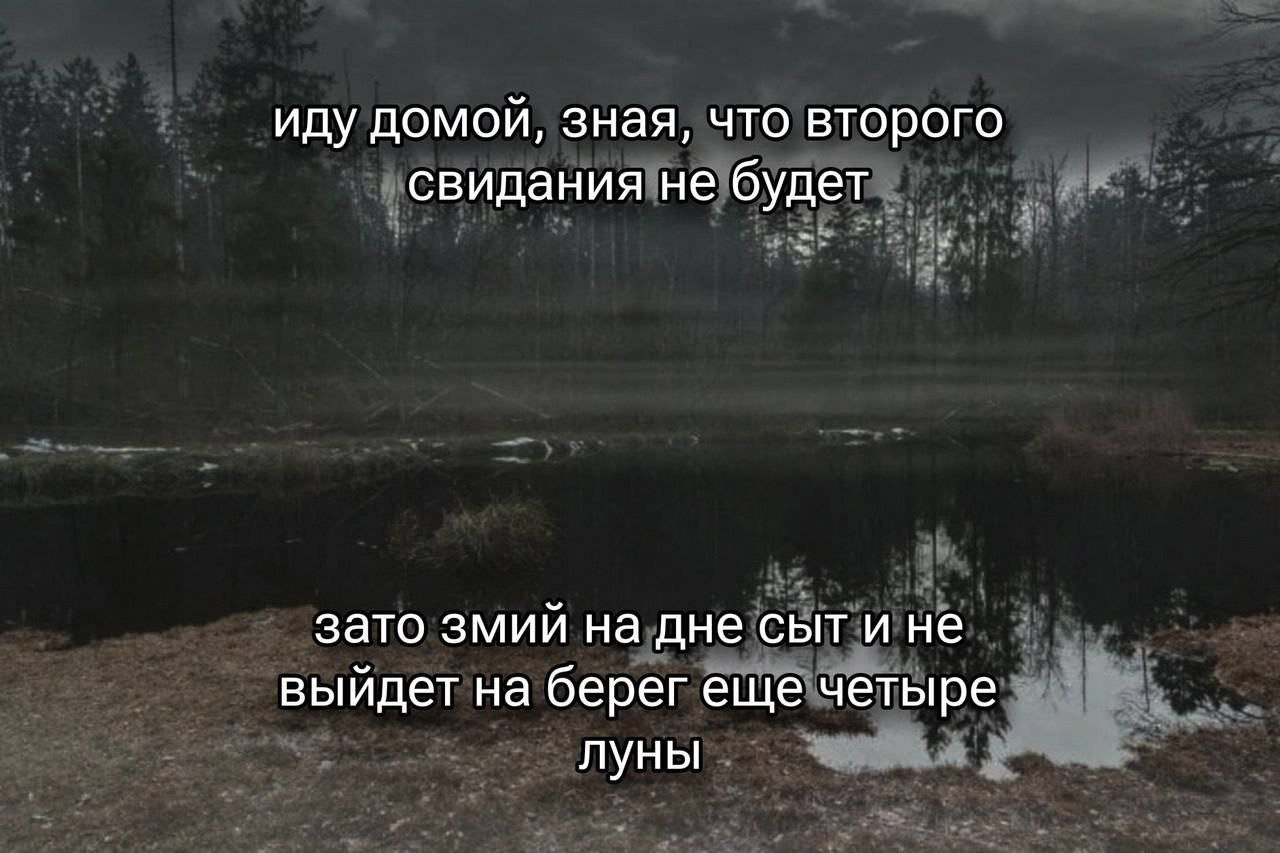 Иду домой, зная, что второго свидания не будет Мрачный пейзаж с озером и лесом, на котором написано: «Иду домой, зная, что второго свидания не будет. Зато змий на дне сыт и не выйдет на берег еще четыре луны».