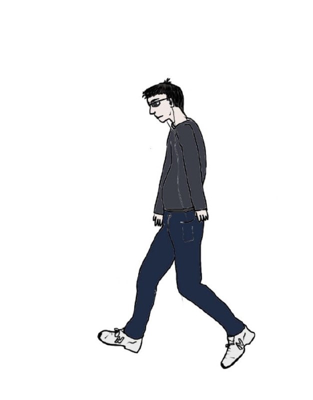 Идущий человек Нарисованный человек в очках, тёмной кофте, джинсах и кроссовках, который идёт куда-то вправо.