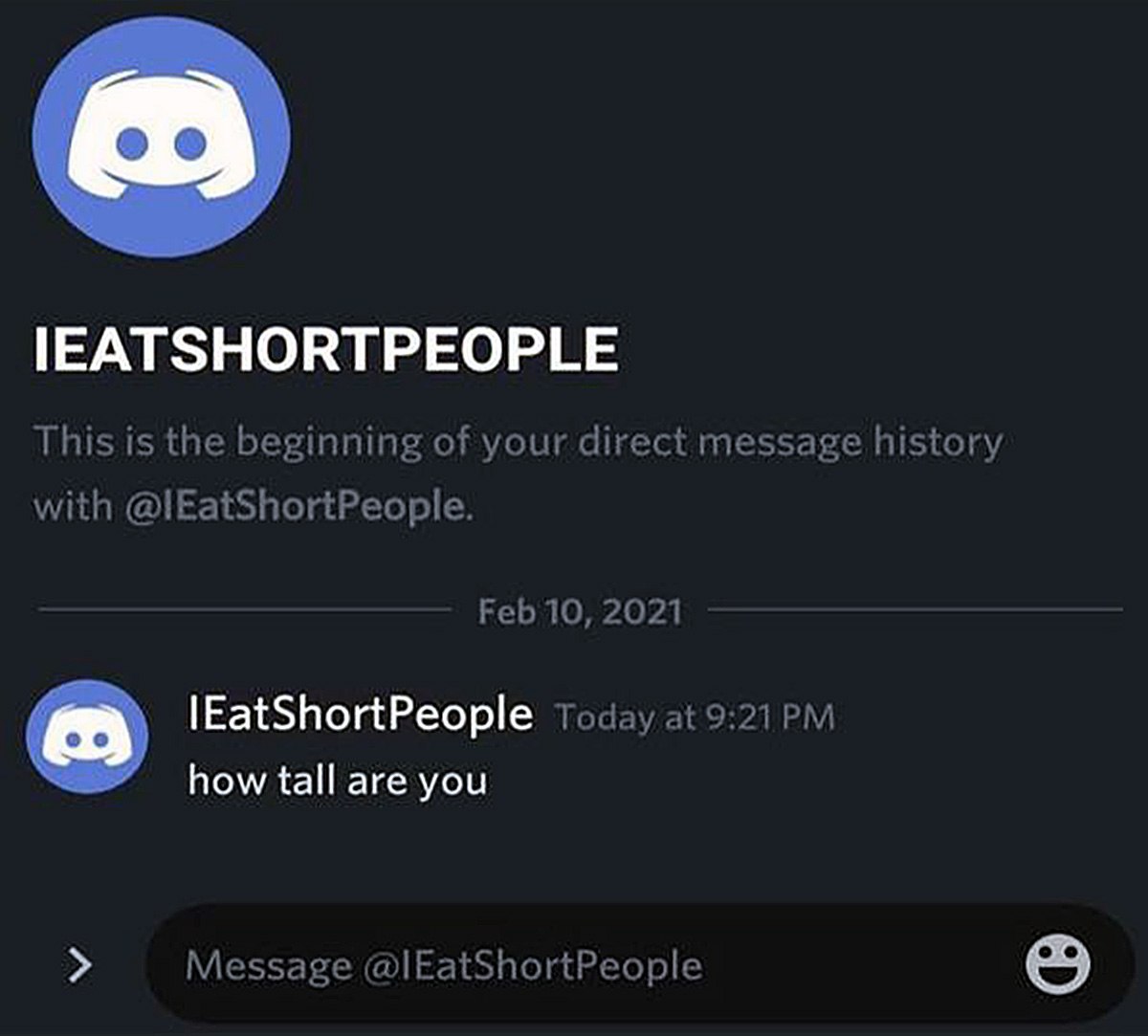 IEatShortPeople как тебя зовут Переписка в Дискорде с пользователем IEatShortPeople, спрашивающим "How tall are you?"