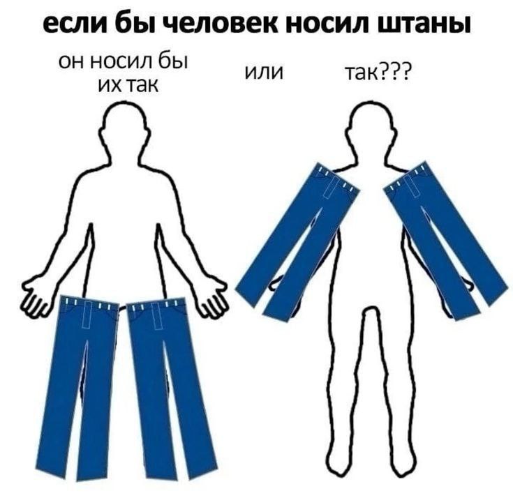 Если бы человек носил штаны Мем, где задается вопрос, как человек носил бы штаны, если бы у него были четыре конечности вместо двух ног и двух рук. Показаны два варианта: либо на каждой руке по одной штанине, либо на двух ногах и двух руках по одной штанине.
