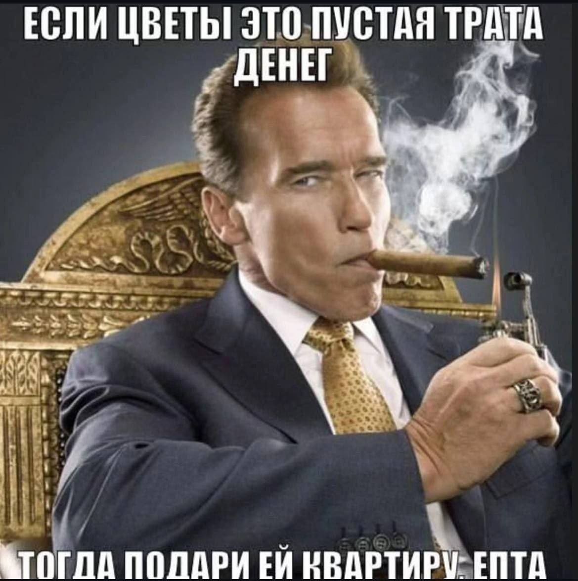 Если цветы это пустая трата денег, тогда подари ей квартиру Мем с Арнольдом Шварценеггером и текстом про цветы и квартиру