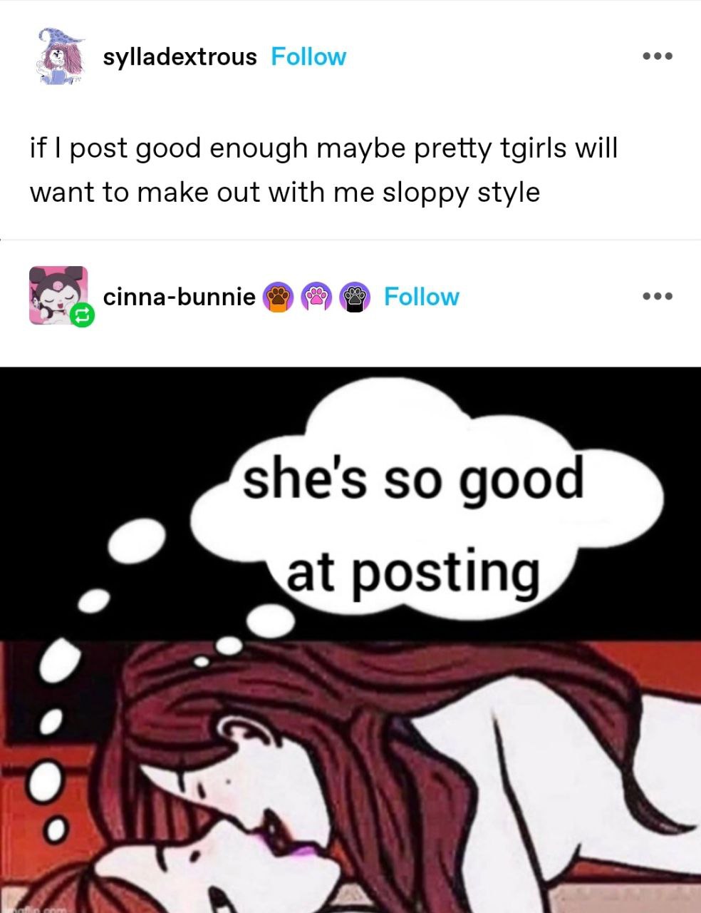 Шутка о том, что если хорошо постить, симпатичные tgirls захотят целоваться с автором