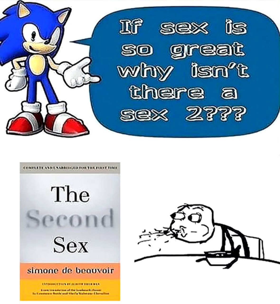If sex is so great why isn't there a sex 2 Соник спрашивает, почему нет секса 2, а рядом книга "Второй пол" и блюющий от удивления человечек.