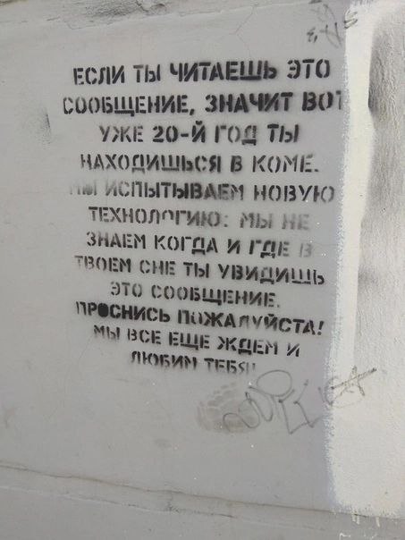Если ты читаешь это сообщение, значит вот уже 20-й год ты находишься в коме Надпись на стене, где сообщается, что если ты читаешь это сообщение, то находишься в коме уже 20 лет