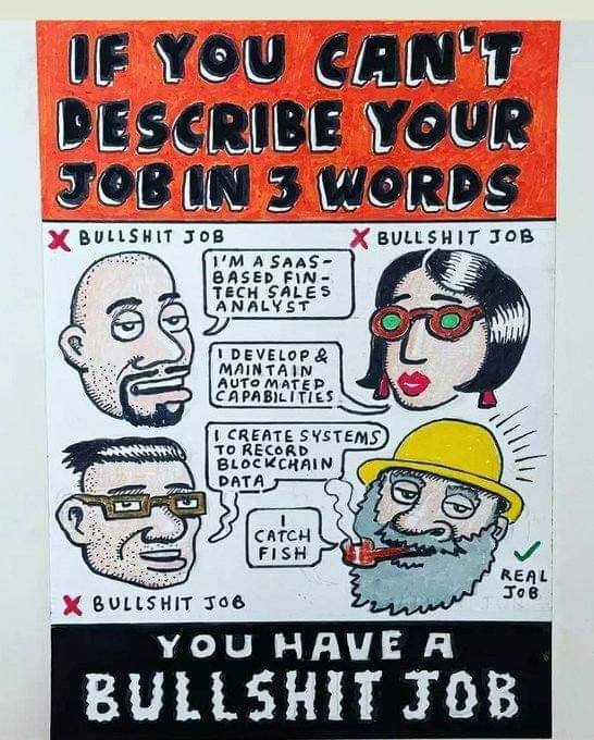 If you can't describe your job in 3 words Мем про "отстойную работу", которую нельзя описать в трех словах, противопоставляет сложные современные профессии простым и понятным занятиям