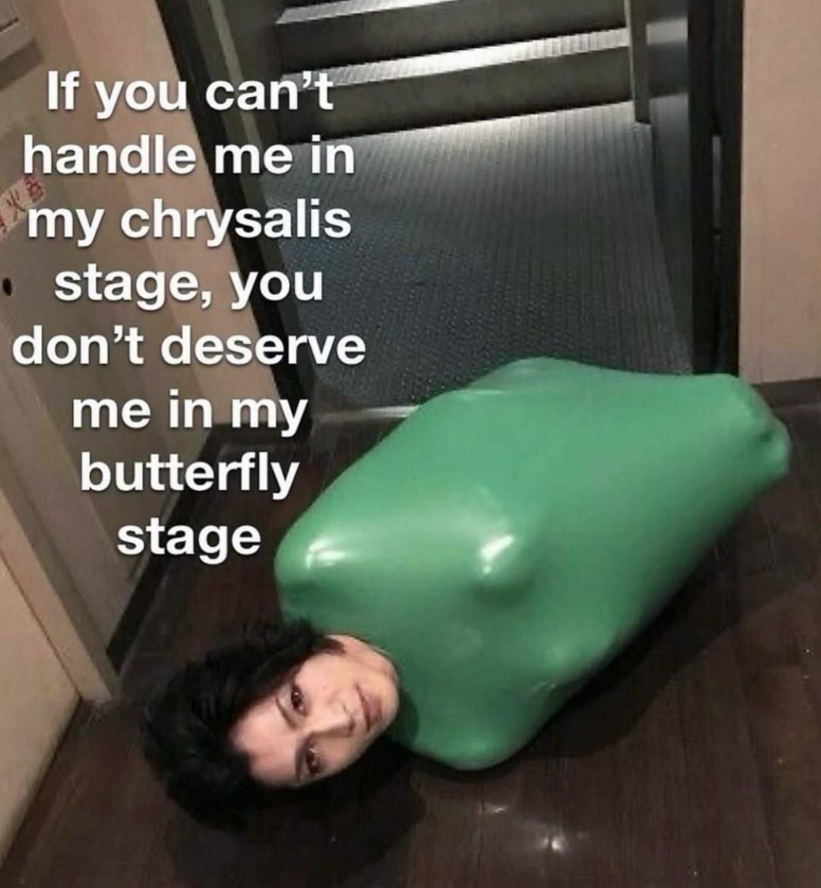 If you can’t handle me in my chrysalis stage, you don’t deserve me in my butterfly stage Мужчина в зеленом костюме лежит на полу и фраза «Если ты не можешь справиться со мной на стадии куколки, то не заслуживаешь меня на стадии бабочки»