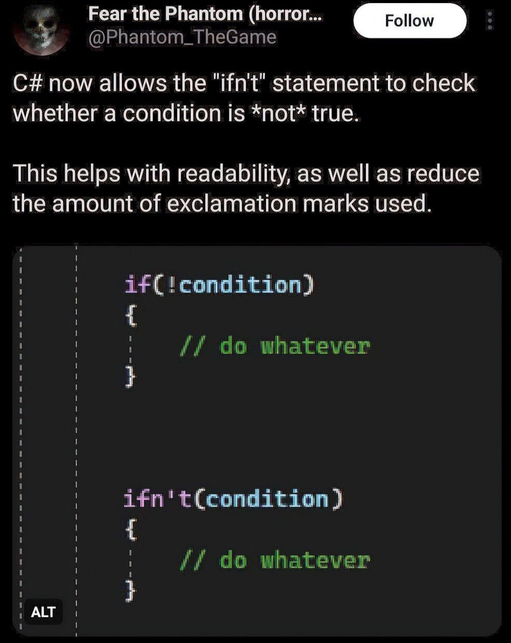 Ifn't condition Мем про новый оператор "ifn't" в C# для проверки невыполненного условия