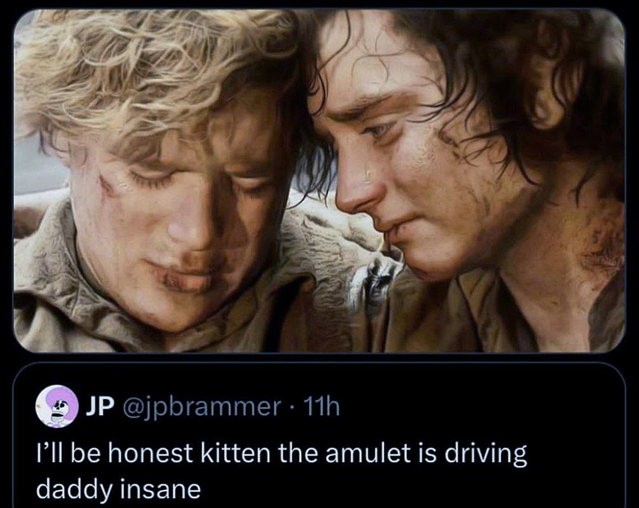 I'll be honest kitten the amulet is driving daddy insane Мем с Фродо и Сэмом и надписью I'll be honest kitten the amulet is driving daddy insane