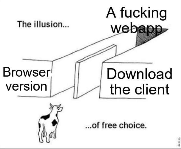 Иллюзия свободного выбора Мем про иллюзию свободного выбора в IT, где все пути ведут к одному и тому же приложению, будь то браузерная версия, веб-приложение или клиент.