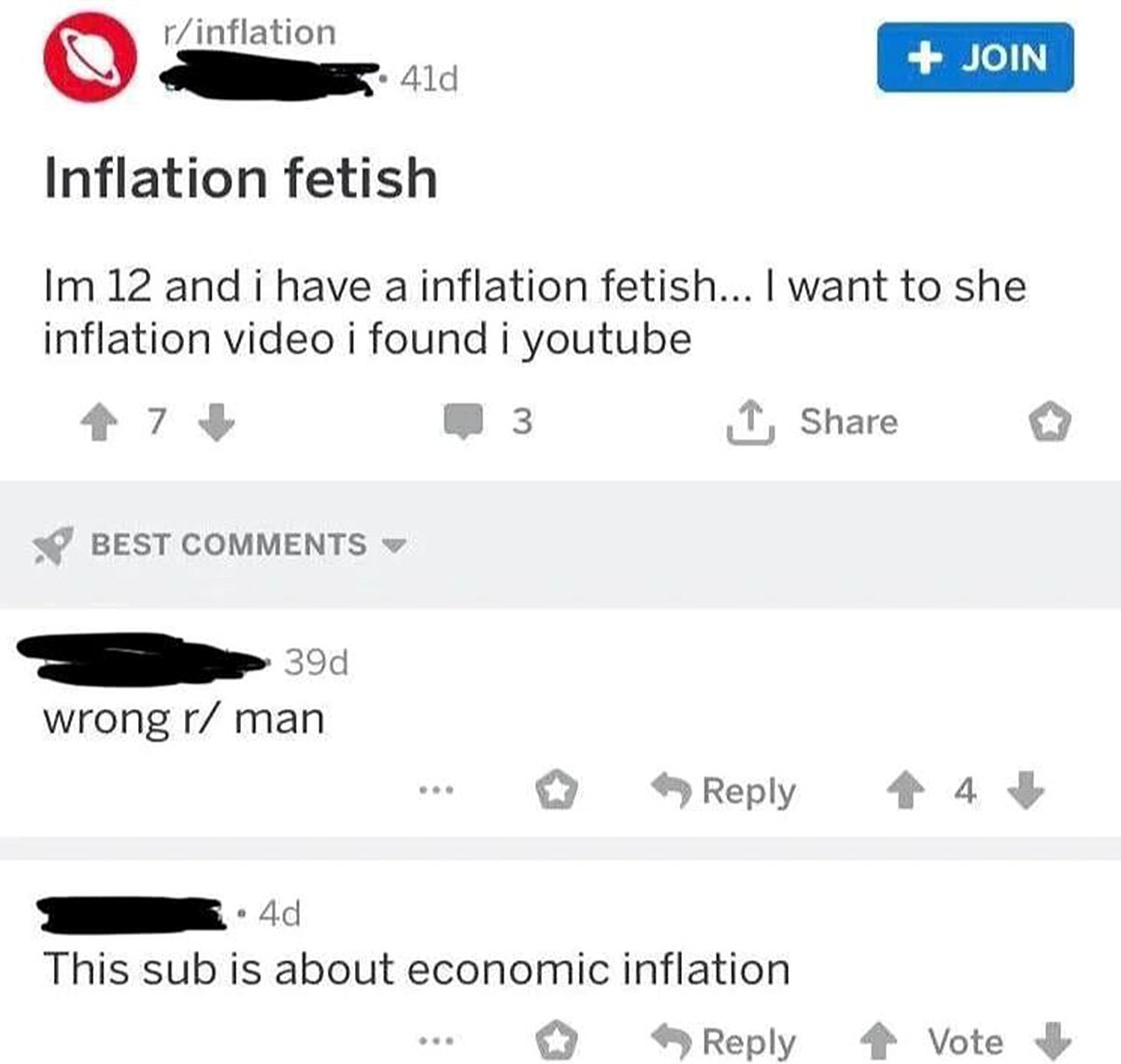 Im 12 and i have a inflation fetish Скриншот с Reddit, где пользователь опубликовал сообщение о фетише на инфляцию, но ошибся сабреддитом.