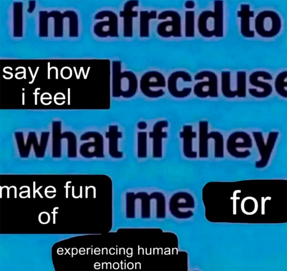 I'm afraid to say how I feel because what if they make fun of me for experiencing human emotion Мем "Я боюсь говорить, что я чувствую, потому что что, если они будут смеяться надо мной за переживание человеческих эмоций"
