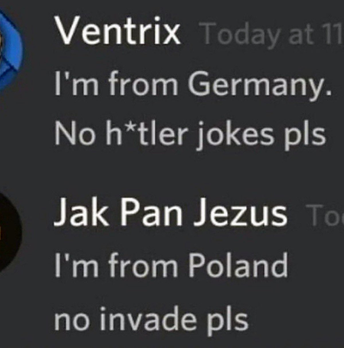 I'm from Germany no h*tler jokes pls I'm from Poland no invade pls Переписка в чате, где пользователь из Германии просит не шутить про Гитлера, а пользователь из Польши просит "без вторжений"