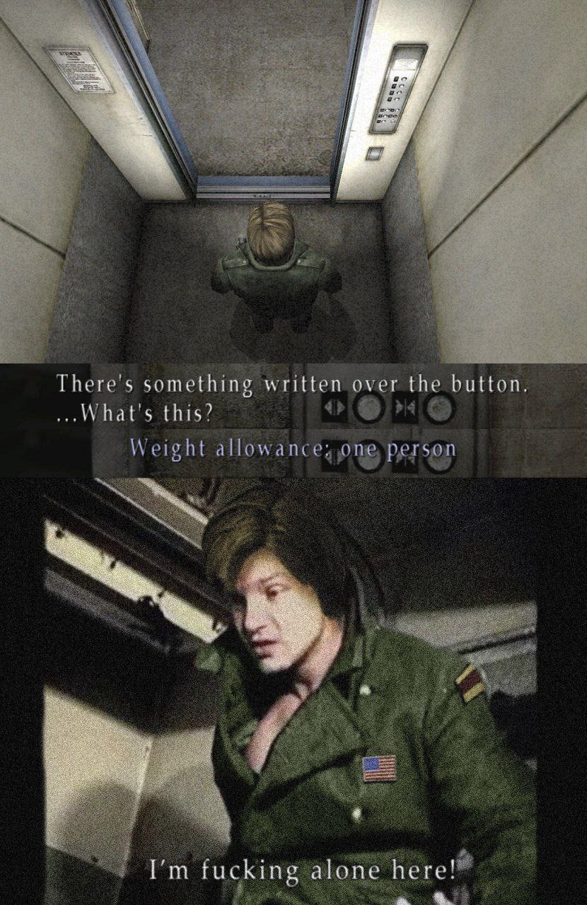 I'm fucking alone here Мем со Стэном из Silent Hill, который обнаружил, что лимит веса в лифте рассчитан на одного человека, хотя он и так один