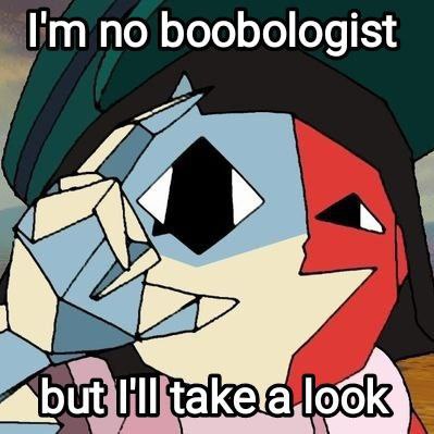 Стилизованный персонаж с подписью «I'm no boobologist but I'll take a look» — шутка про то, что человек не эксперт, но всё равно готов посмотреть.