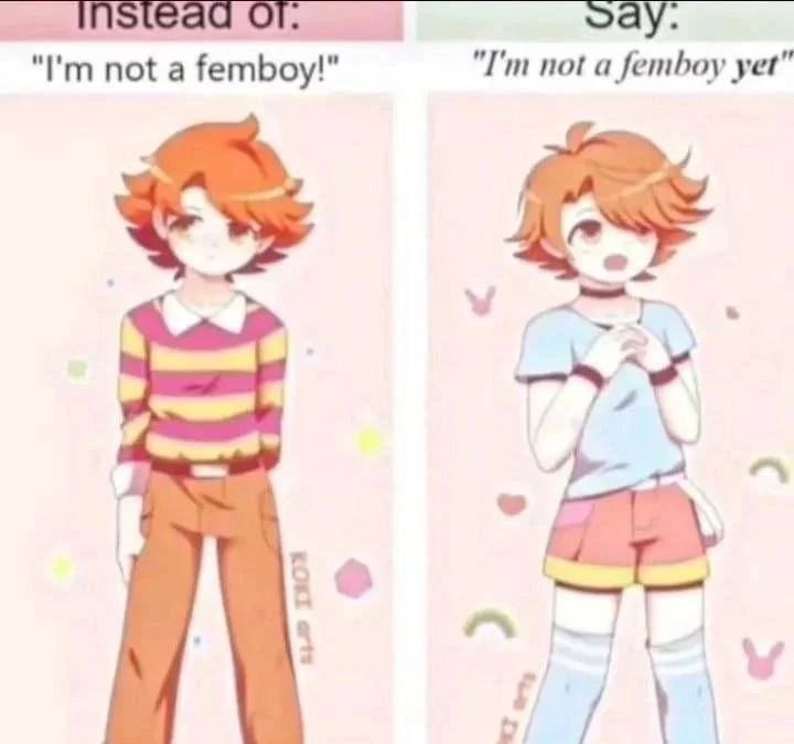 I’m not a femboy yet Мем с двумя аниме-парнями, один из которых говорит «I’m not a femboy!», а другой – «I’m not a femboy yet»