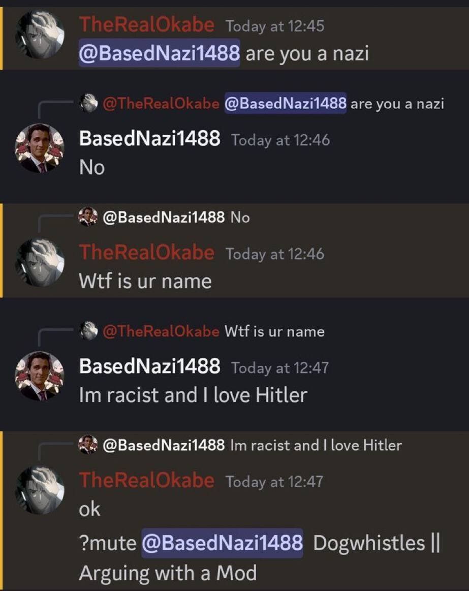 Я расист и люблю Гитлера Переписка в Discord, где пользователь с ником BasedNazi1488 сначала отрицает, что он нацист, а затем заявляет: "Я расист и люблю Гитлера".