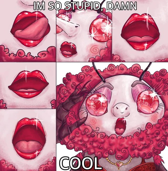 Мем с милым существом и надписями "IM SO STUPID, DAMN" и "COOL"