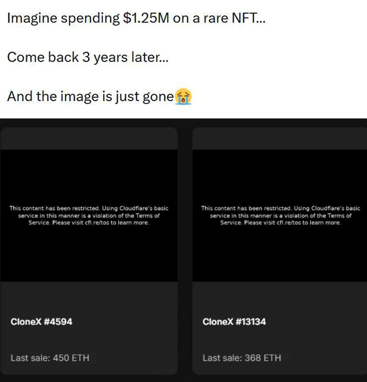 Imagine spending $1.25M on a rare NFT... Мем про потерю изображения NFT через несколько лет после покупки.