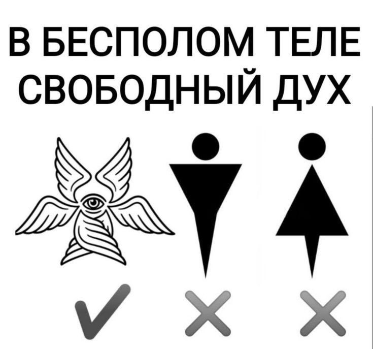 Надпись «В бесполом теле свободный дух» и три символа, где правильным отмечен только левый знак с крыльями и глазом