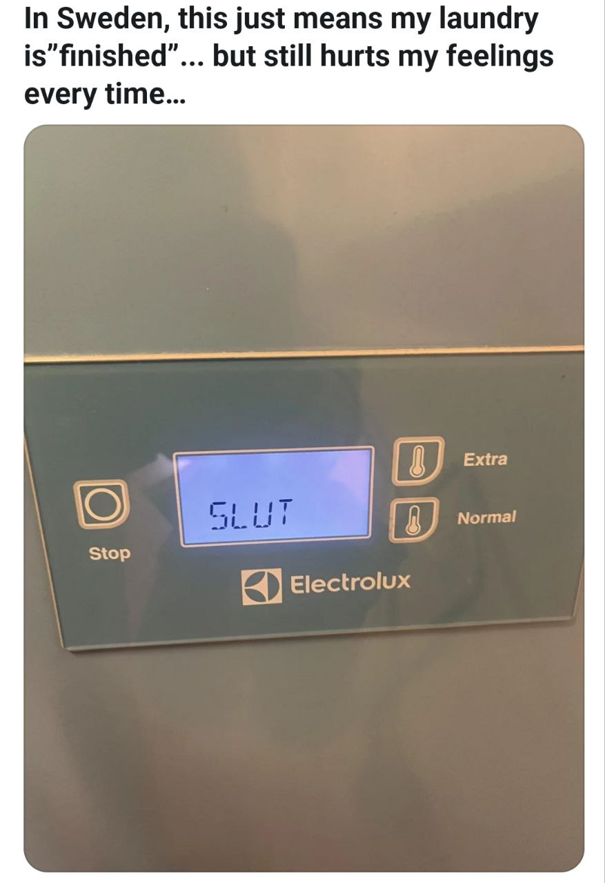 Стиральная машина в Швеции показывает «SLUT»: по-шведски это означает «закончено», но по-английски слово звучит как оскорбление.