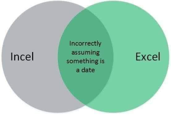 Круги Эйлера Incel и Excel Мем с кругами Эйлера, показывающий общие черты инцелов и программы Excel в неправильном определении даты.