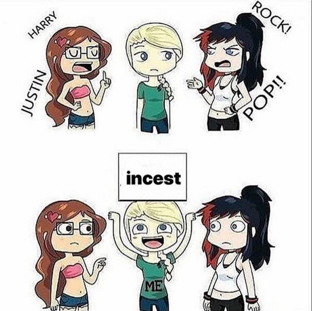 Incest meme Две девушки спорят о своих музыкальных предпочтениях, пока третья, в середине, держит табличку с надписью «инцест» и выбирает это.