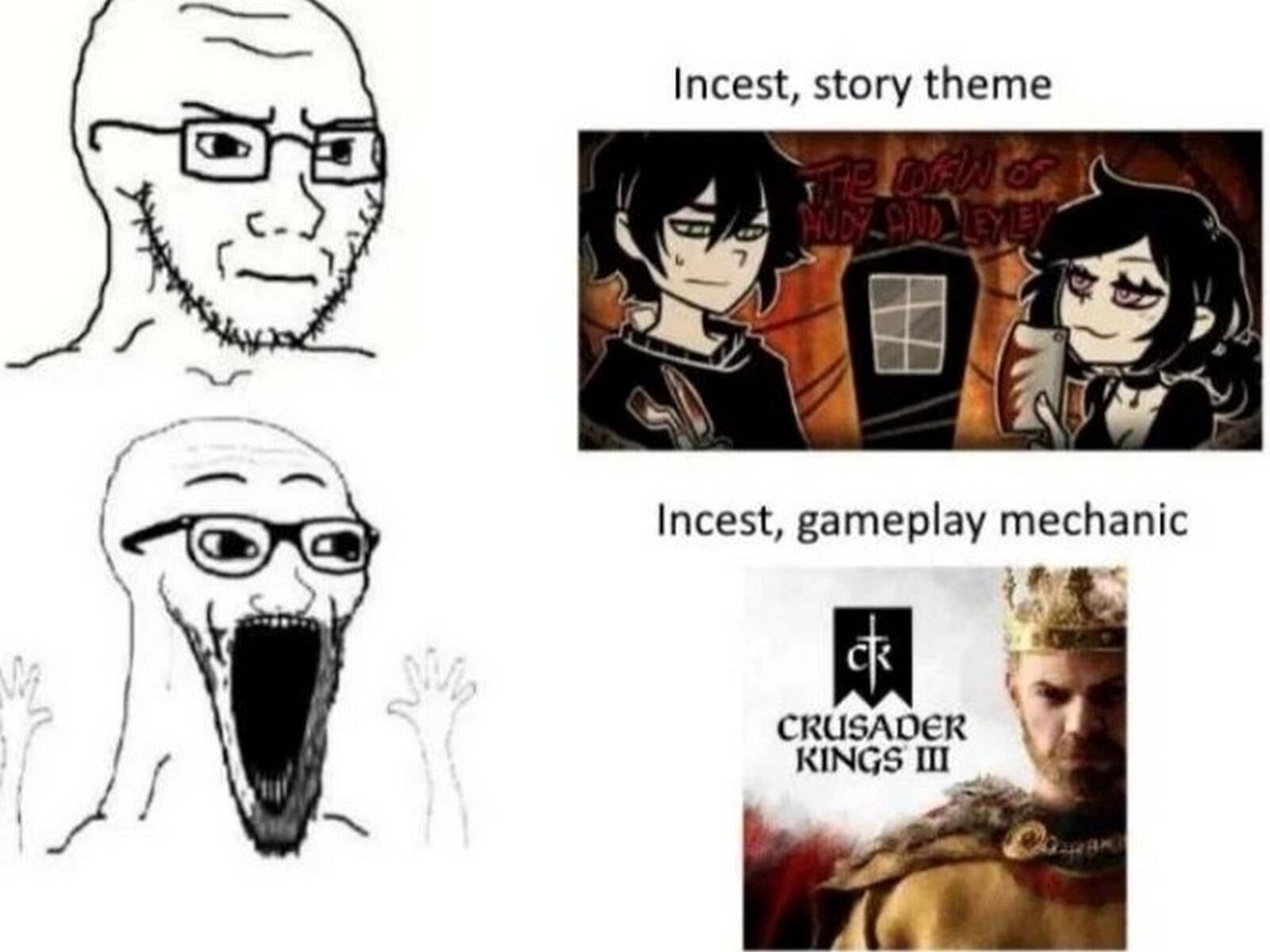 Вояк сначала спокойно смотрит на «incest, story theme», а потом взрывается от «incest, gameplay mechanic» рядом с Crusader Kings III