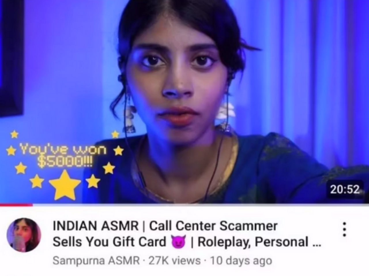 Indian ASMR Call Center Scammer Sells You Gift Card Мем с превью ASMR-видео, на котором девушка из колл-центра мошеннически продаёт подарочные карты