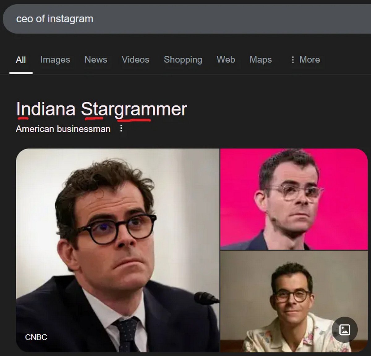 Indiana Stargrammer Скриншот поисковой выдачи Google по запросу «ceo of instagram» с некорректным результатом «Indiana Stargrammer» вместо «Adam Mosseri»
