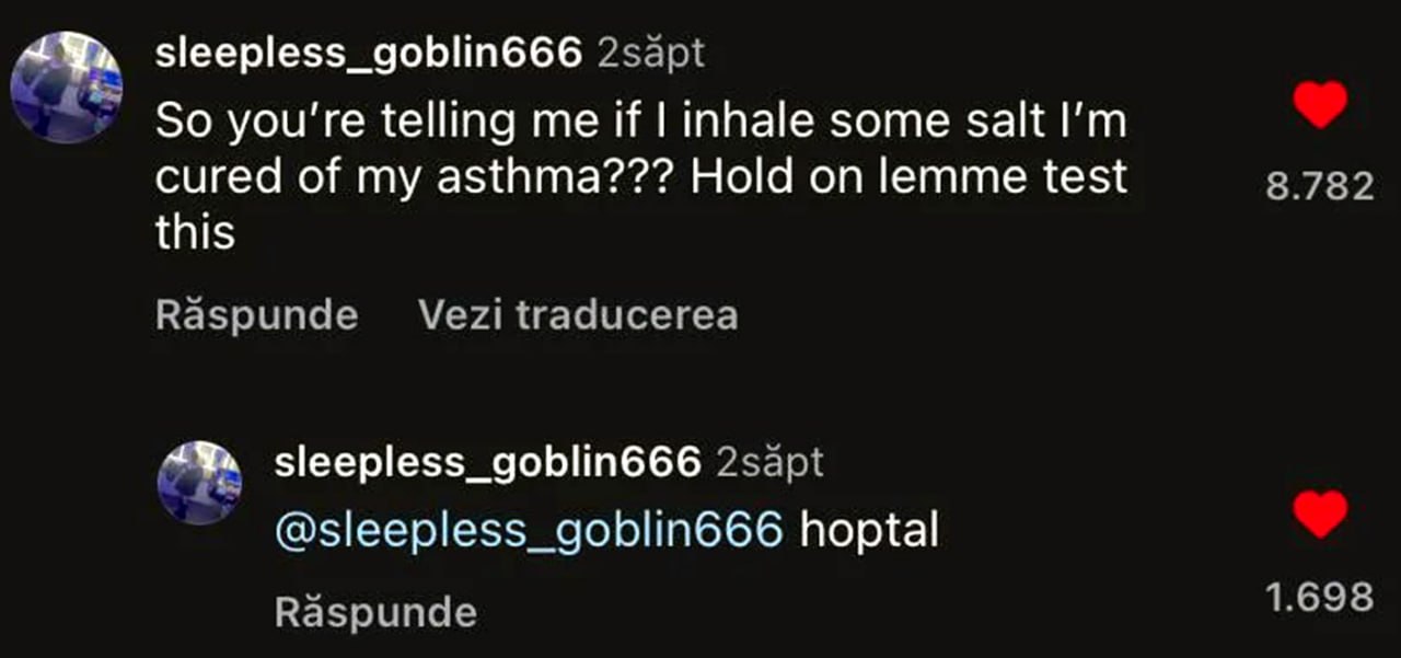 Inhale some salt I'm cured of my asthma? Hoptal Комментарии пользователя, где он сначала говорит, что проверит, поможет ли ему соль от астмы, а потом пишет, что он в больнице