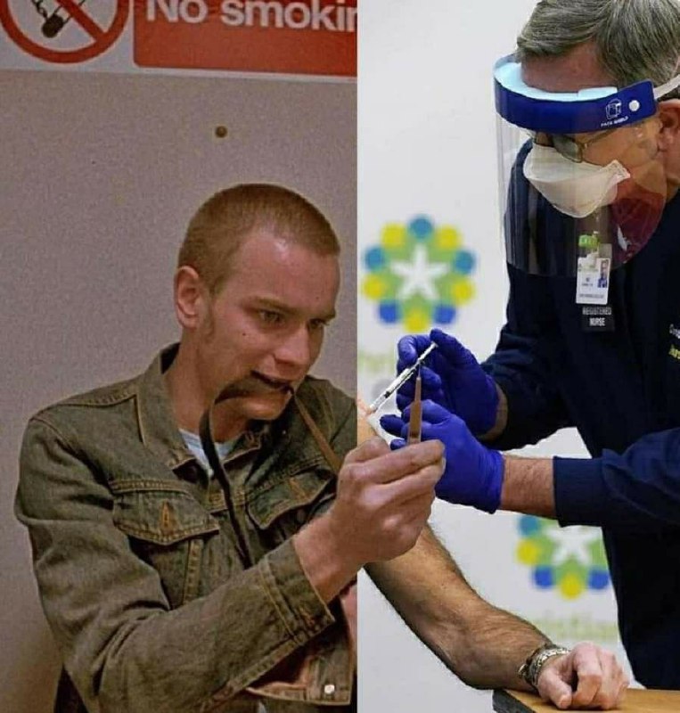 Инъекция вместо наркотиков Мем с кадром из фильма «На игле», где человек готовится к употреблению наркотиков, и кадром с инъекцией прививки