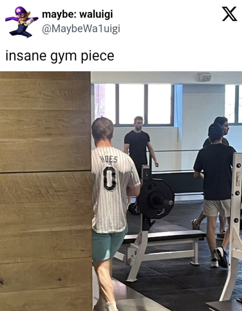 Insane gym piece Человек в футболке "Hoes" в спортзале