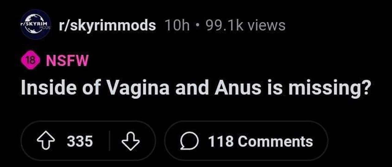 Inside of Vagina and Anus is missing? Мем Reddit r/skyrimmods «Inside of Vagina and Anus is missing?» — пост в группе, посвященной модам для игры Skyrim с заголовком о пропавших частях тела
