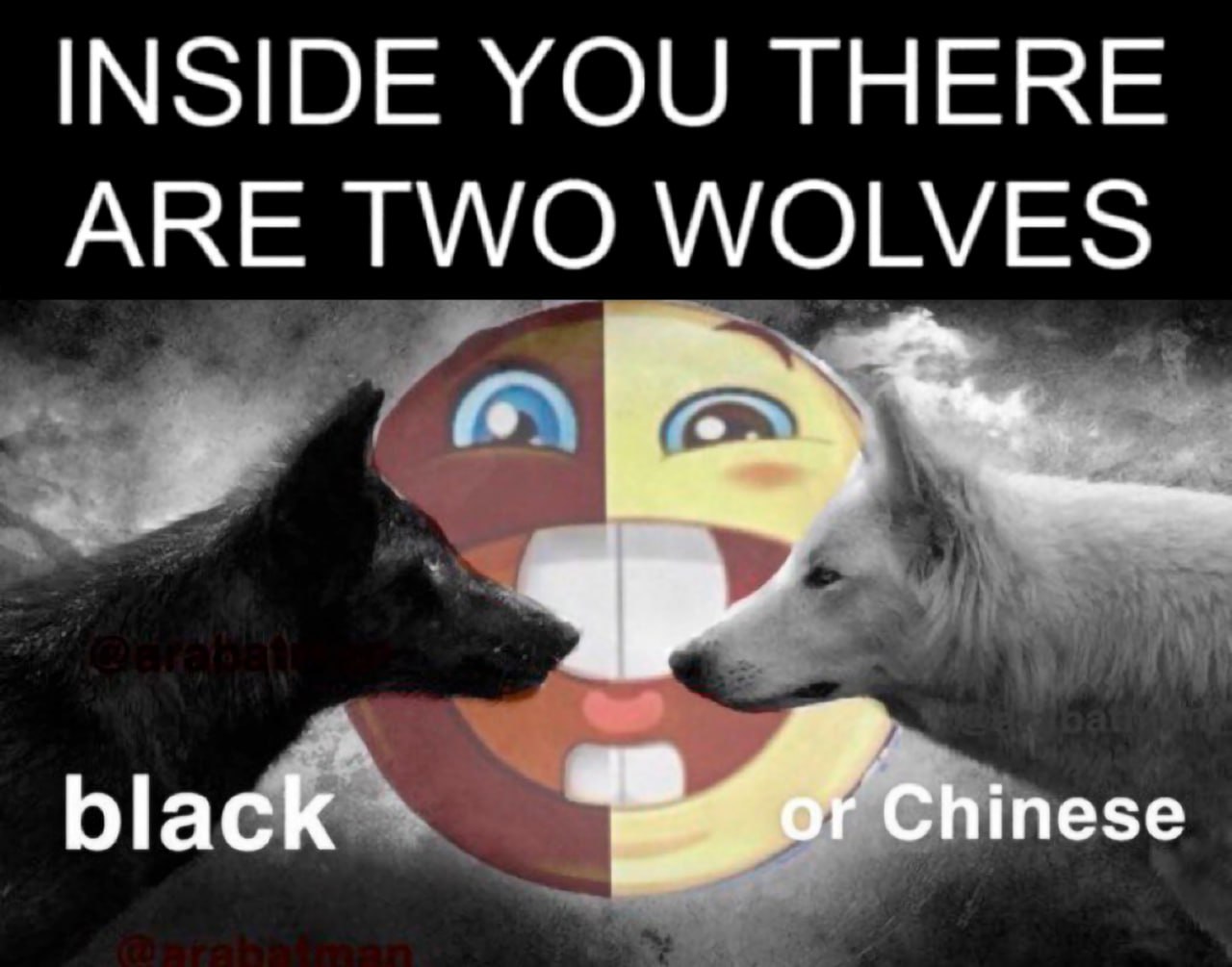 Inside you there are two wolves: black or Chinese Мем с двумя волками: черным и белым, на фоне которого изображен двухсторонний эмодзи, поделенный пополам.