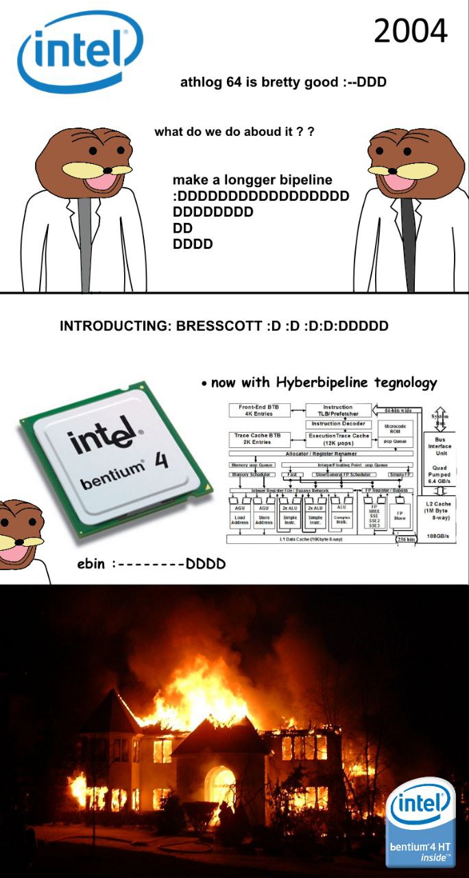 Мем про Intel Pentium 4 и горящий дом Мем про то, как Intel выпускает горячий процессор Pentium 4 в ответ на успехи AMD Athlon 64