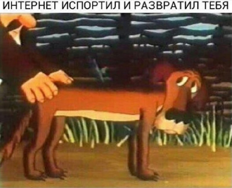 Интернет испортил и развратил тебя Мем с фразой "Интернет испортил и развратил тебя" и собакой, которую гладит рука, на фоне темного неба и земли.