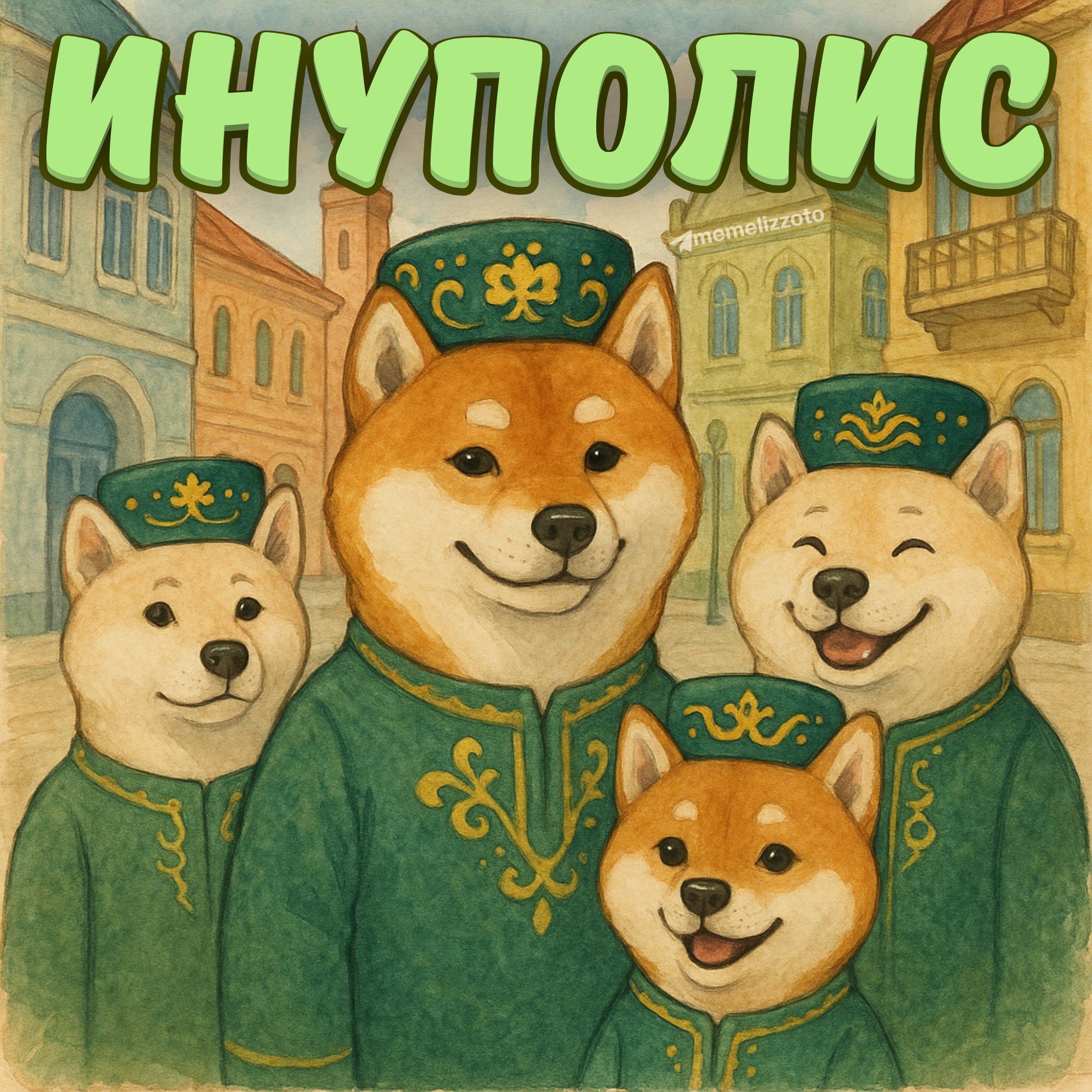 Инуполис Иллюстрация с четырьмя собаками породы Сиба-ину, одетыми в зелёные костюмы и головные уборы, на фоне городского пейзажа.