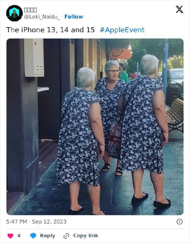 iPhone 13, 14 и 15 Три бабушки в одинаковых платьях, одна из которых смотрит в камеру с выражением удивления.