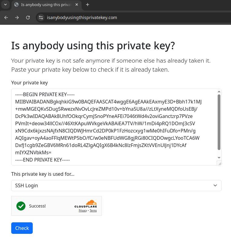 Is anybody using this private key Веб-страница с проверкой использования приватного ключа и сообщением об успехе
