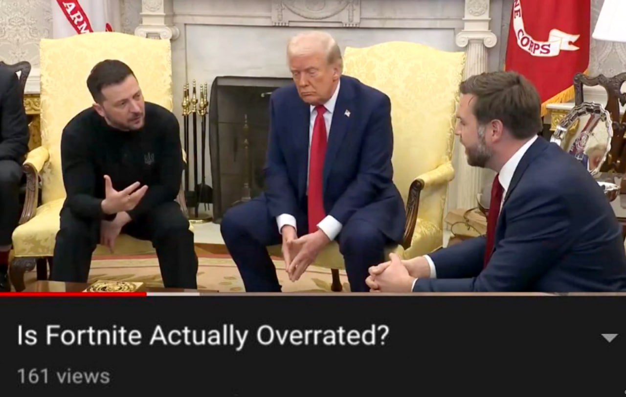 На самом ли деле Fortnite переоценен? Мем с Дональдом Трампом, Владимиром Зеленским и третьим мужчиной, где внизу YouTube-заголовок "Is Fortnite Actually Overrated?".