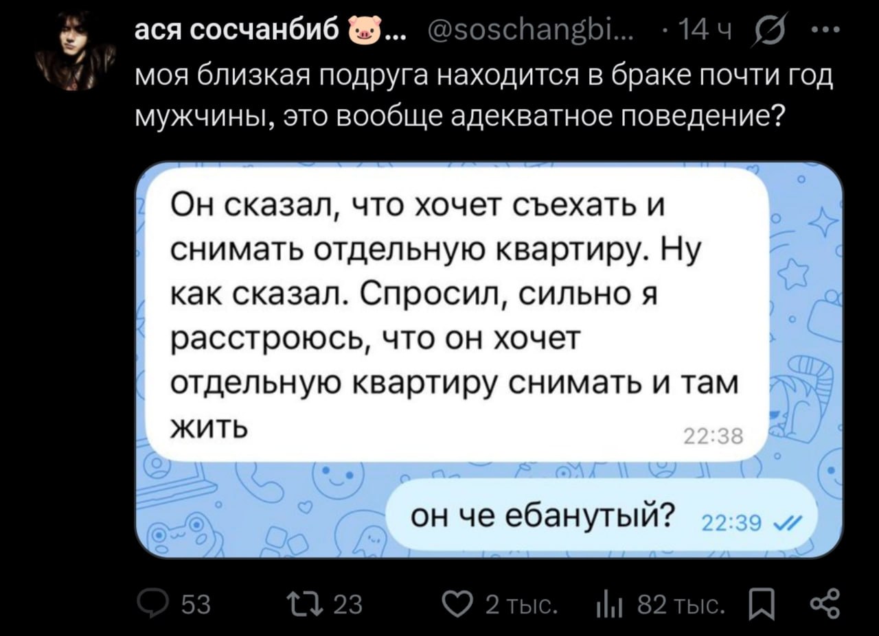 Переписка о муже, который после почти года брака решил съехать и снять отдельную квартиру, заканчивается эмоциональным вопросом: «Он че ебанутый?»